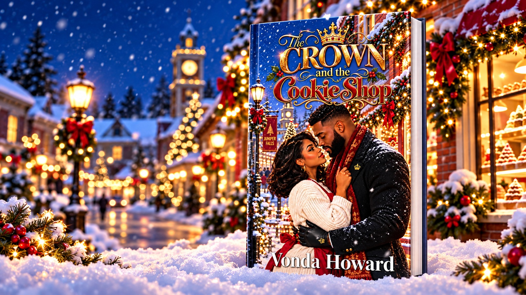 The Crown and the Cookie Shop standing upright in fresh snow, with the Christmas lights of Juniper Falls glowing behind it