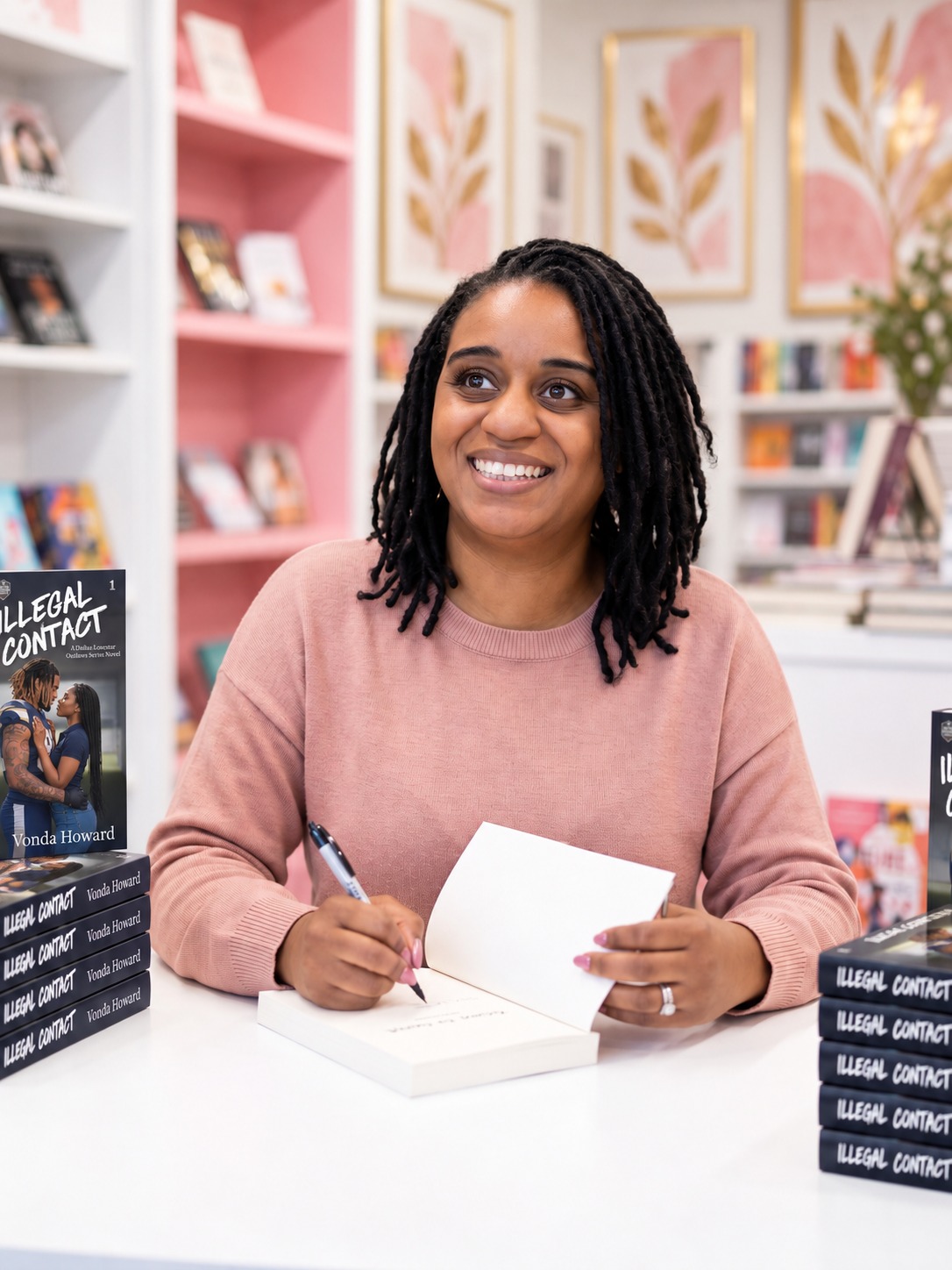 Vonda Howard signing a copy of Illegal Contact beside stacks of her books